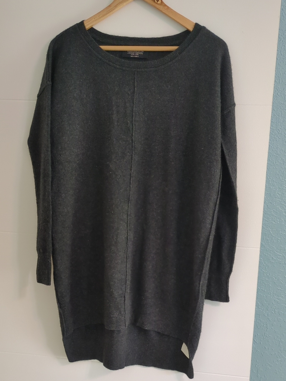 All Saints Cashmere Charcoal Crewneck Longline Women’s Sweater Tunic Mini Dress
